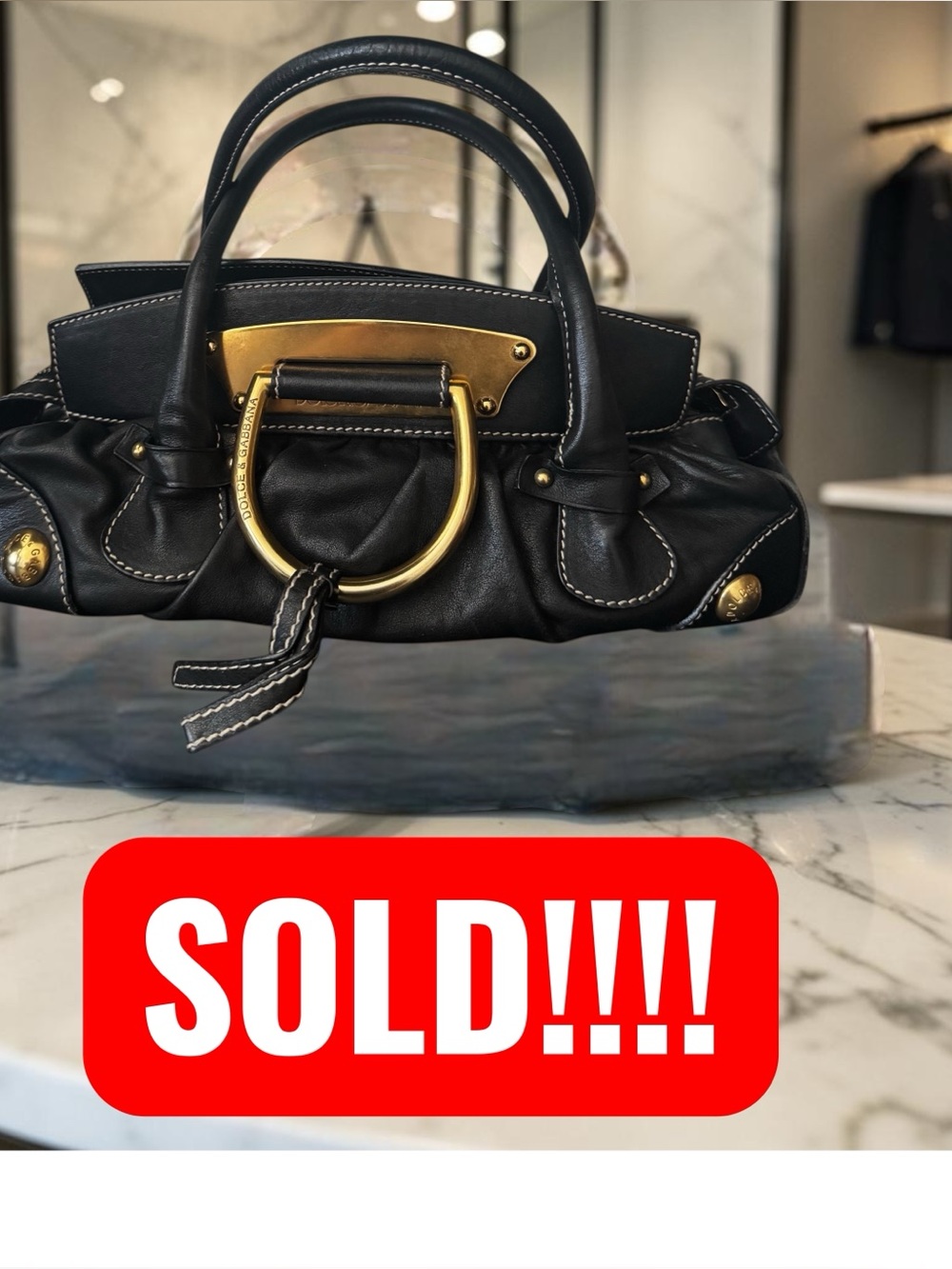 Dolce & Gabbana Black Leather Shoulder Bag with Gold Ring Accent